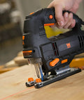 Gassed Up Variable Speed Orbital Jig Saw With Integrated Laser And Hella Bright Led Work Light For Knockout Accuracy and Whippin Smooth Cuts Through Hardwood Plywood Or Sheet Metal At Your Home Shop