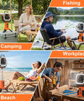 Cordless Portable Standing Fan With 20000mAh Battery, LED Lantern And Remote used for camping, fishing, beach, and workplace