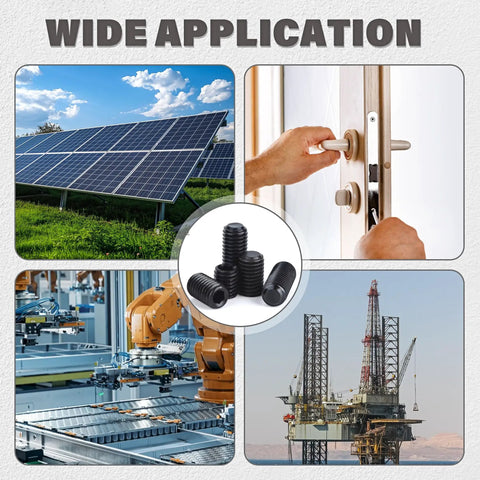 Wide application of Massive 1305 Piece Metric And SAE Set Screw Kit for solar panels, door locks, machinery, and oil rigs.
