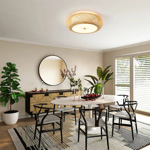 Dining room with Handwoven Rattan Flush Mount Ceiling Light With Three E26 Bulbs In Dope Boho Style For Bedroom Entryway And Foyer 15 Inch Drum Lamp To Brighten Your Space