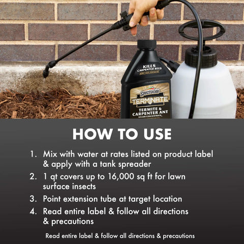 Person using Termite And Carpenter Ant Killer Concentrate 32 Ounces Outdoor Barrier Spray For Home Defense Against Termites, Carpenter Ants, And Carpenter Bees Around Foundations, Woodpiles, Decks, Fences, Porches And More with a tank sprayer