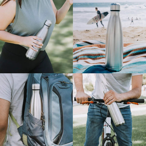 Collage of Hidden Compartment Stainless Steel Water Bottle Safe Tumbler With Secret Bottom Stash in use outdoors