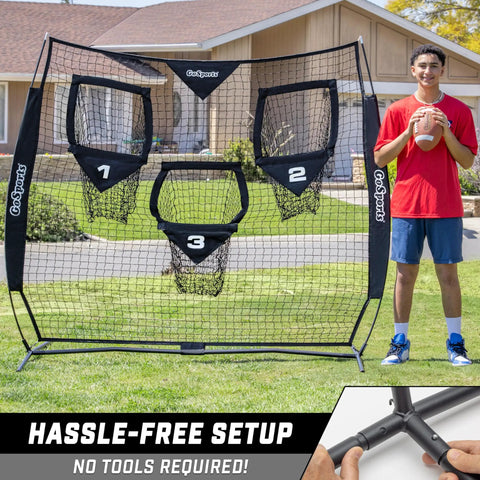 Six By Six Foot Football Throwing Net For QB Training And Passing Accuracy With Three Target Pockets Simulating Prime Receiving Areas