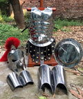 Spartan King Leonidas Style Helmet With Red Plume, Muscle Chest Armor Cuirass, Silver Shield And Leg Or Arm Guards For SCA LARP And Halloween Cosplay Gear
