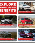 Explore Shoxtec product benefits with images of various vehicles highlighting handling, stability, smoother ride, and braking.