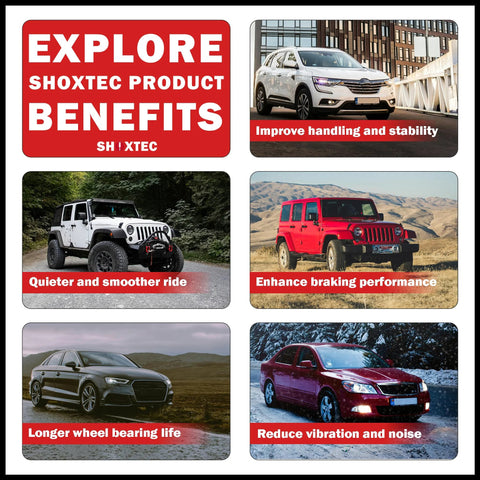 Explore Shoxtec product benefits with images of various vehicles highlighting handling, stability, smoother ride, and braking.