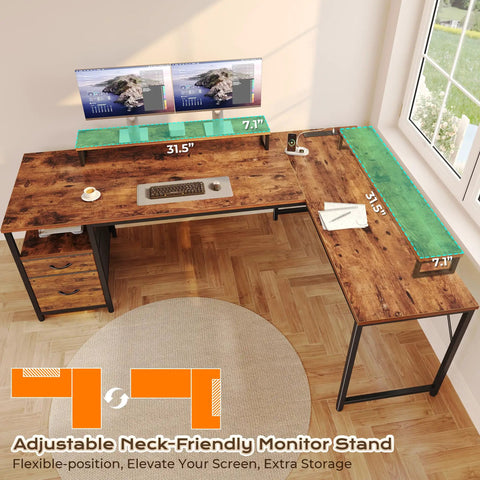 Dope 63 Inch L Shaped Desk With Built In Power Outlets And USB C Port rustic brown in corner setup with monitor stand