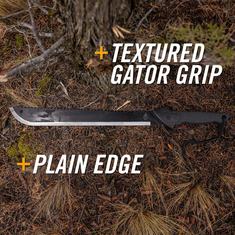 Gator Machete 25 Inch Two In One Machete with 18 Inch Plain Edge Blade shown on forest floor, textured Gator Grip handle visible.