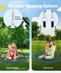 Heavy Duty 45 Inch Spider Web Tree Swing For Kids And Adults Outdoor Steel Frame Saucer Net Swing With Swivel Adjustable Ropes And Two Tree Straps Blue Patented Design in use, showing multiple hanging options with children playing.