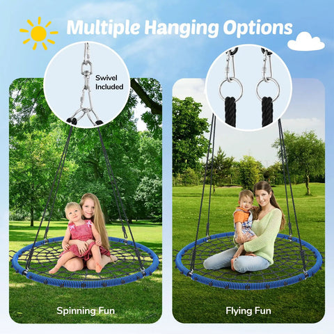 Heavy Duty 45 Inch Spider Web Tree Swing For Kids And Adults Outdoor Steel Frame Saucer Net Swing With Swivel Adjustable Ropes And Two Tree Straps Blue Patented Design in use, showing multiple hanging options with children playing.