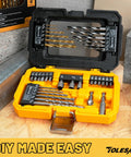 Workhorse Titanium Coated Drill Bit Set With 35 No Nonsense Pieces Including Hss Metal Masonry Wood Bits Plus Nut Drivers Magnetic Holder For Quick Home Repair And Everyday Tasks, open case with organized bits.