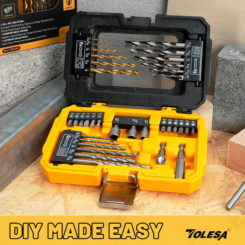 Workhorse Titanium Coated Drill Bit Set With 35 No Nonsense Pieces Including Hss Metal Masonry Wood Bits Plus Nut Drivers Magnetic Holder For Quick Home Repair And Everyday Tasks, open case with organized bits.