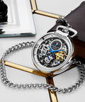 Automatic Skeleton Pocket Watch For Men With Stainless Steel Chain Dual Time AM PM Sun Moon Subdial And Mechanical Movement Wind Up No Battery Classic Timepiece on desk
