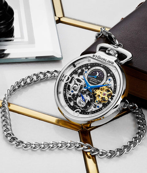 Automatic Skeleton Pocket Watch For Men With Stainless Steel Chain Dual Time AM PM Sun Moon Subdial And Mechanical Movement Wind Up No Battery Classic Timepiece on desk
