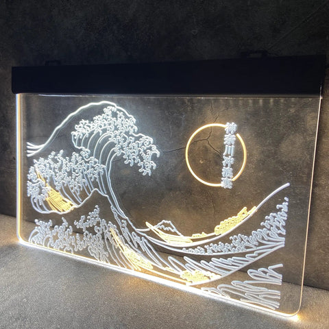 Great Wave Off Kanagawa LED Neon Sign Dope Wall Art In White And Yellow 12x16 Inch Neon Light For Modern Room Decor