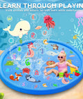 Epic 69 Inch Non Slip Splash Pad For Toddlers 1 To 3 With Learning Mat Water Play Backyard Pool Toy For Kids And Pets Blue Ideal For Summer Fun Safe Splashing Easy Setup And Durable Outdoor Water Mat showing toddler playing and animal designs.