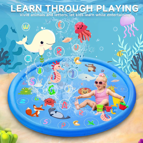 Epic 69 Inch Non Slip Splash Pad For Toddlers 1 To 3 With Learning Mat Water Play Backyard Pool Toy For Kids And Pets Blue Ideal For Summer Fun Safe Splashing Easy Setup And Durable Outdoor Water Mat showing toddler playing and animal designs.