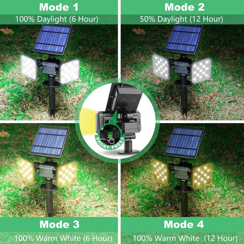 Four Pack Waterproof Outdoor Solar Lights With Dusk To Dawn Sensor, Dual Use Wall And Ground Landscape Spotlights For Yard, Walkway, Driveway, And Porch, Solar Powered With Daylight And Warm White Illumination, Easy Install