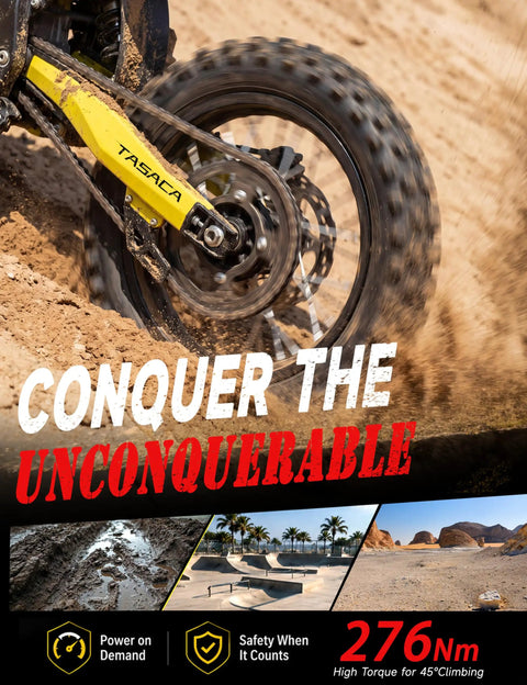Heavy Duty Electric Dirt Bike With 5500W Mid Drive Motor And 276Nm Torque, showing the rear tire and chain in sand.