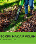 Person using 40V Brushless Axial Leaf Blower, 130 MPH Wind and 550 CFM Air to clear leaves from grass.