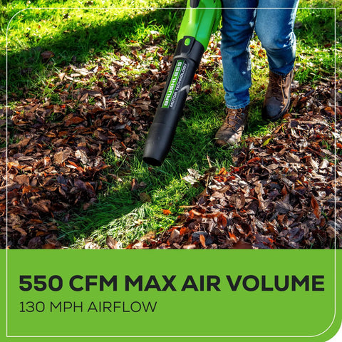 Person using 40V Brushless Axial Leaf Blower, 130 MPH Wind and 550 CFM Air to clear leaves from grass.