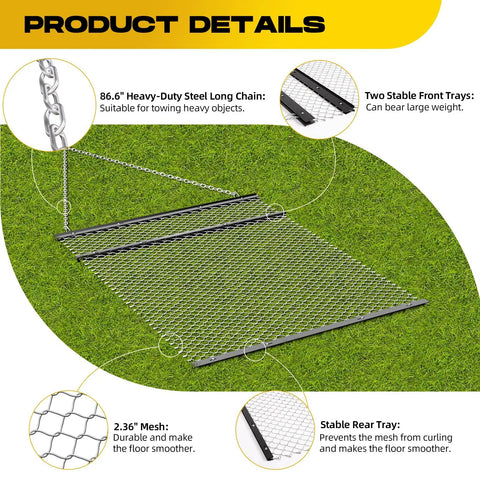 Beefy 4x5 Foot Drag Harrow For ATV And UTV With Rust Resistant Chain Field Leveler details, front and rear trays, and steel chain
