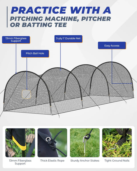 Portable Baseball Batting Cage With Carrying Bag 30X12X8 Ft Backyard Hitting Cage Stable Frame With Ground Anchors Dense Netting