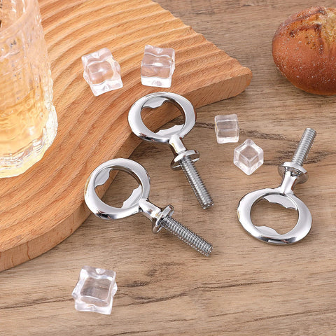 Metal bottle opener kit, 3 visible silver stainless-steel ring-style openers with screws on wood surface