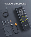 Cordless Tire Inflator With 150 PSI Digital Gauge, Fast Inflation 3X Faster Air Pump components displayed with accessories