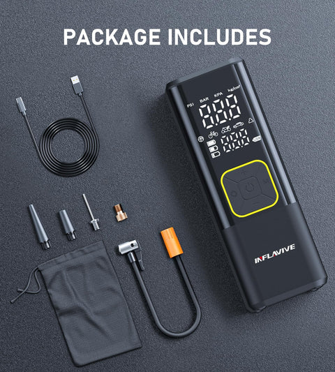 Cordless Tire Inflator With 150 PSI Digital Gauge, Fast Inflation 3X Faster Air Pump components displayed with accessories