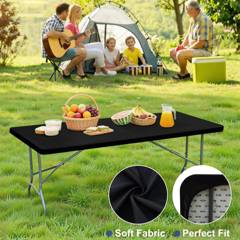 Super Stretch Spandex Tablecloth For 6 Foot Tables Fitted Elastic Cover That Stays Put Washable Outdoor Patio Cloth For Camping And Parties Black 30 X 72 Inches on picnic table with fruits