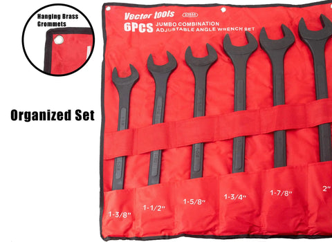 Six-Piece Jumbo SAE Angle Wrench Set Black Oxide Finish With Carry Pouch Sizes 1-3/8 To 2 Inches 15-Degree And 60-Degree Offset Open Ends Heavy-Duty Automotive Home Garage Tools