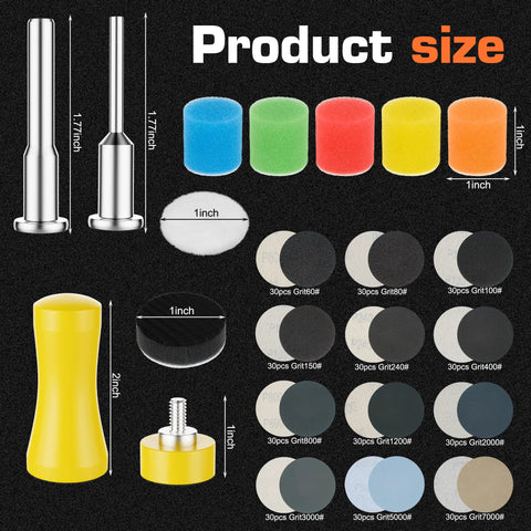 372 Piece 1 Inch Sanding Disc Set With Hook And Loop Backing Drill And Rotary Tool Polishing Kit layout with sizes and grits