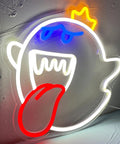 King Boo Neon Sign LED Light for Game Room, Ghost Face Mario theme acrylic wall decor in white, USB powered, 13.4 x 12.6 in