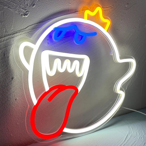 King Boo Neon Sign LED Light for Game Room, Ghost Face Mario theme acrylic wall decor in white, USB powered, 13.4 x 12.6 in