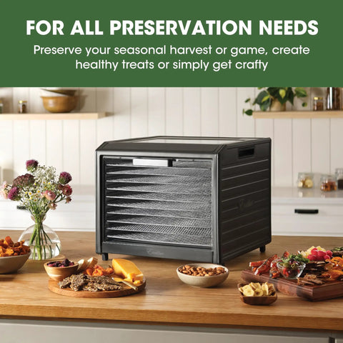 Keep It Fresh With This Top Shelf Electric Food Dehydrator Boasting Ten Rustproof Stainless Steel Trays on kitchen counter