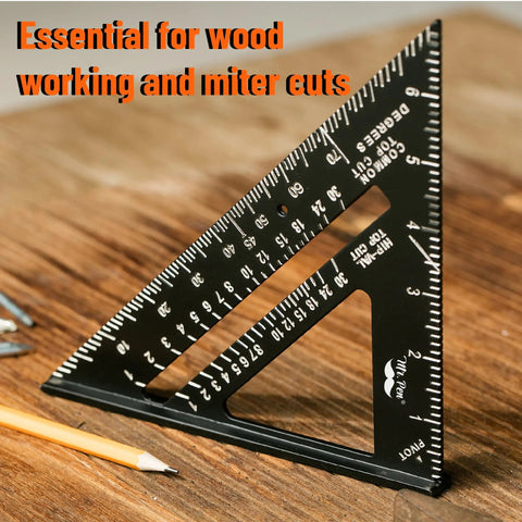 7 Inch Aluminum Rafter Square For Carpentry, Metal Triangle Square Ruler on wooden surface, used for woodworking and miter cuts.