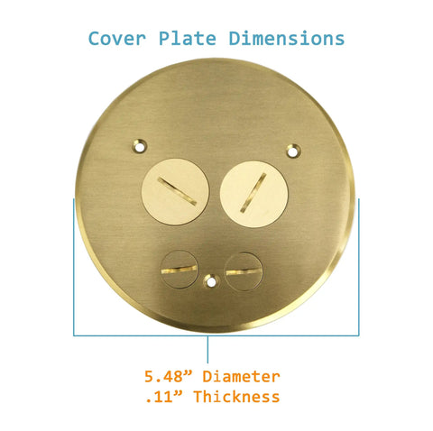 Screw Cap Floor Box Cover Kit 5.5 Inch Brass Twist Lock With Flip Up Flange, showing dimensions and brass finish