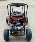 Rear view of a Kids 125cc Go Kart Raptor Style Fully Automatic With Reverse Blue Mid Size 4 Stroke, highlighting engine and tires.