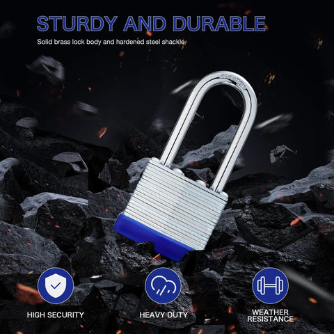 Heavy Duty Outdoor Padlock Set With Keys For Gates And Fences, Laminated Body 1-9/16 Inch Wide Long Shackle close-up
