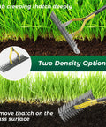 70 Inch Heavy Duty Lawn Thatching Rake With Adjustable Stainless Steel Handle For Dethatching Leaves And Loosening Soil in action on grass