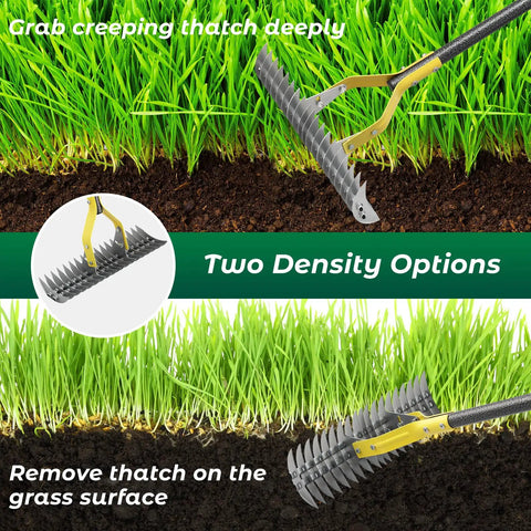 70 Inch Heavy Duty Lawn Thatching Rake With Adjustable Stainless Steel Handle For Dethatching Leaves And Loosening Soil in action on grass