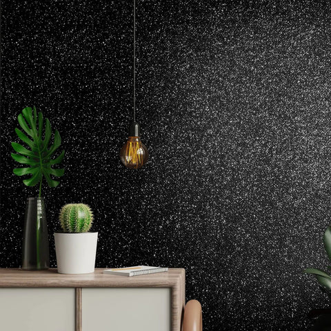 Black Glitter Peel And Stick Wallpaper Self Adhesive Vinyl Roll 15.7x354 Inches 38.75 Sq Ft on wall with decor.
