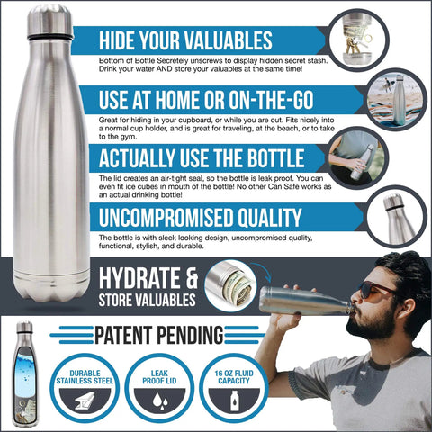 Hidden Compartment Stainless Steel Water Bottle Safe Tumbler With Secret Bottom Stash To Hide Cash Jewelry Keys And Valuables In Plain Sight For Travel Home Beach Or Gym Leak Proof Durable Everyday Carry; lifestyle and features collage.