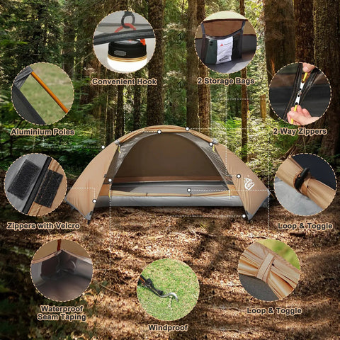 Lightweight 1 Person Tent For All Seasons, Windproof, Rainproof And Waterproof Camping Tent with features labeled in forest setting