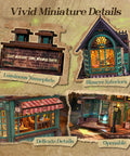 Collage of Spellbound 3D Wooden Puzzle Bookstore With LED Lights showing luminous nameplate, intricate interiors, and openable panels.
