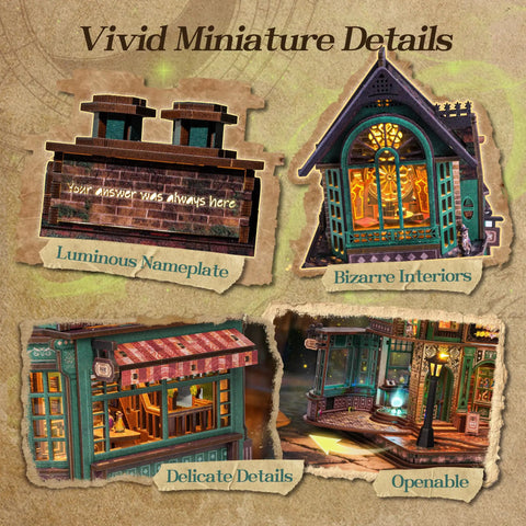 Collage of Spellbound 3D Wooden Puzzle Bookstore With LED Lights showing luminous nameplate, intricate interiors, and openable panels.