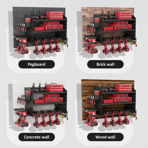 Power Tool Organizer Wall Mount With Charging Station And 8 Outlet Heavy Duty Metal Garage Storage Rack 23 Inch Three Tier Shelves For Workshop And Garage Organization installed on various wall types.