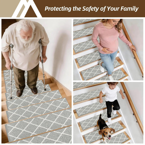 Non Slip Stair Treads For Wooden Steps 9 By 28 Inches Peel And Stick Indoor Runner For Kids Elders And Dogs Grey 4 Pack Soft Polyester With TPE Backing For Quiet Safe Steps, shown in use by senior, child, and pet on stairs