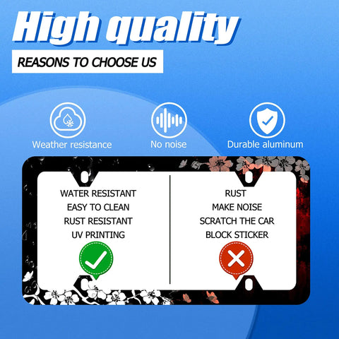 Cherry Blossom License Plate Frame Dope Floral Stainless Steel Border With Screws Colorful Flower Design Non Blocking And Street Legal Fits Standard US Plate 12.3 Inches By 6.3 Inches For Men And Women showing features and benefits comparison on blue background.